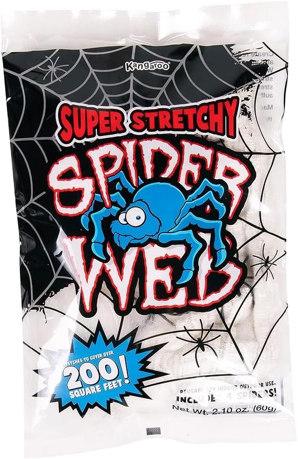 Kangaroo 200 sq. Ft Fake Spider Webs Decorations – Spiderweb Webbing Halloween Cobwebs Decor – Scary Halloween Decor Indoor Outdoor Party Wall, Graveyard Decoration Props – 4 Fake Spiders Included
