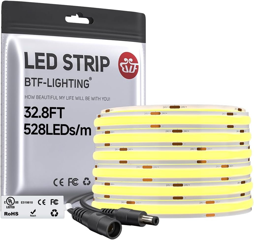 BTF-LIGHTING FCOB COB LED Strip Warm White 3000K, UL Listed 528LED/m High Density Uniform Light, 32.8FT DC24V CRI 90+ 10mm Width Tape Light for Home Indoor DIY Lighting(No Adapter or Controller)