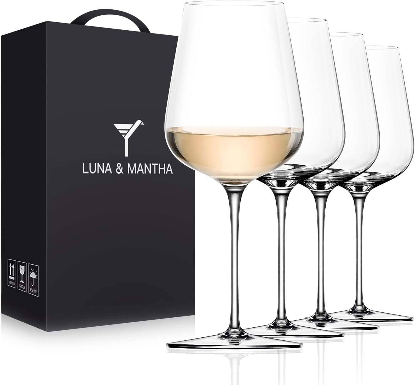 LUNA & MANTHA White Wine Glasses Set of 4, Crystal Wine Glasses with Stem, Hand Blown 14oz, Perfect for Red，White Gift Packaging for Daily Use, Father’s Day, Wedding Anniversary or Birthday