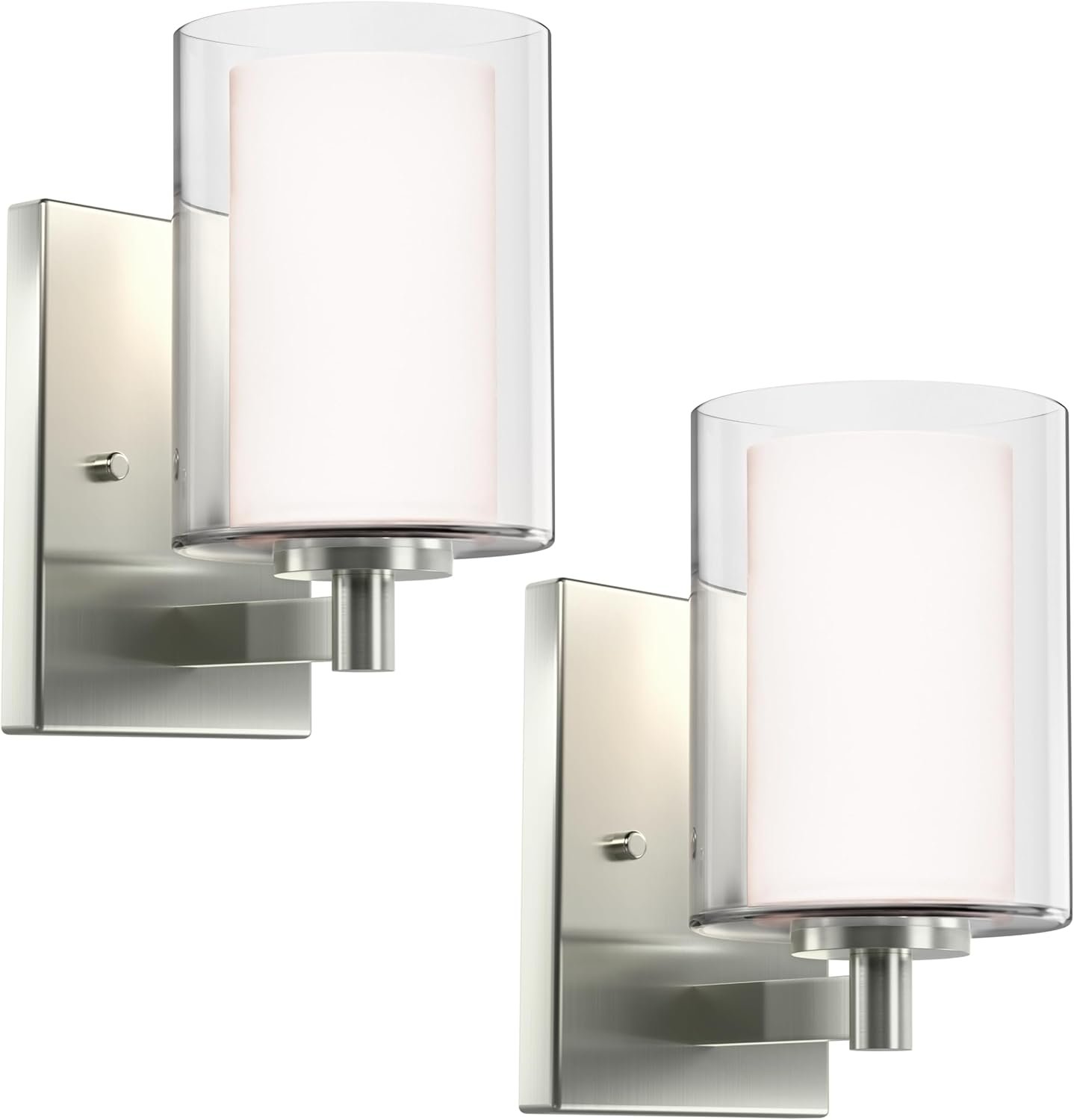 Kalium Wall Sconces Set of Two Modern Vanity Lights with Double Clear Glass Shade Brushed Nickel Indoor Farmhouse Wall Light for Bathroom Living Room Bedroom Mirror Hallway Bulb E26 Base (2PCS)