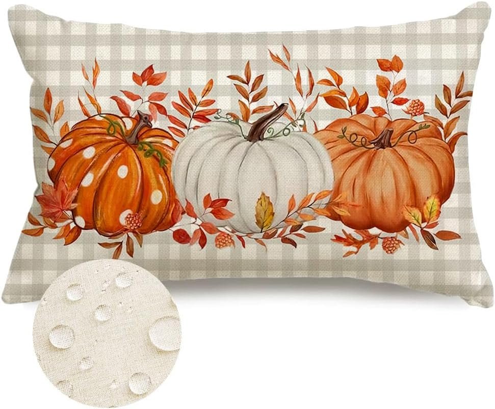 RABUSOFA Fall Outdoor Pillows 12×20 Inch Outdoor Waterproof Autumn Decorations for Home Gray Buffalo Check Polka Dot Pumpkin Thanksgiving Decor Decorative Throw Pillowcases for Couch Burnt Orange