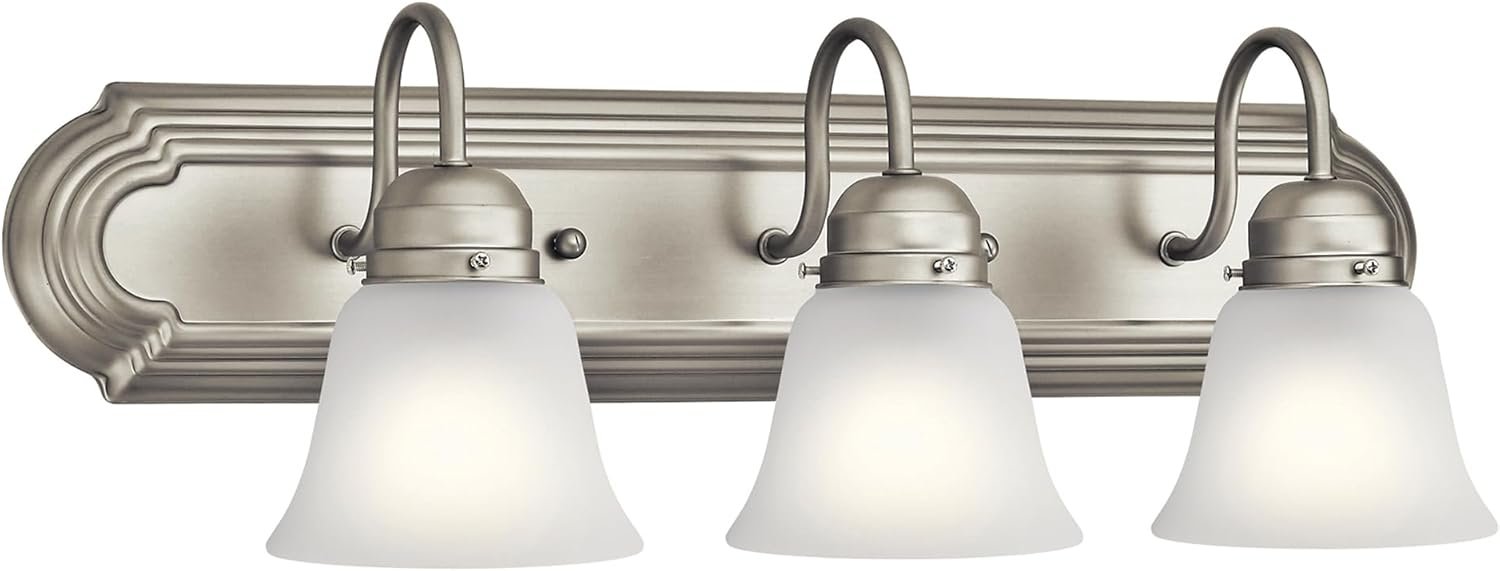 Kichler 24″ 3-Light Vanity Bath Light in Brushed Nickel, Modern Bathroom Light with Clear Satin Etched Glass, (24″ W x 8″ H), 5337NIS