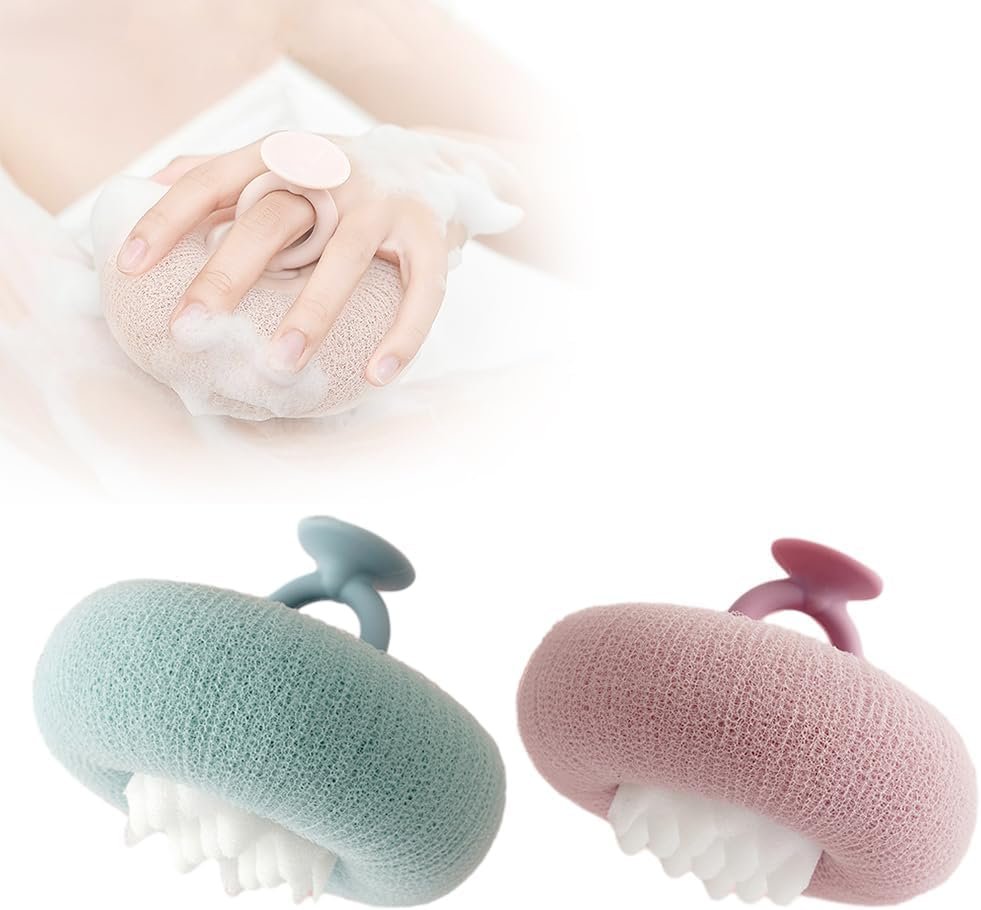 Upgraded 2-in-1 Sunflower Bath Ball with Suction Cup, Super Soft Exfoliating Shower Sponge, Gentle Bath Ball for Women & Men, Deep Cleaning Body Brush for Shower or Spa Use (Green+Purple)
