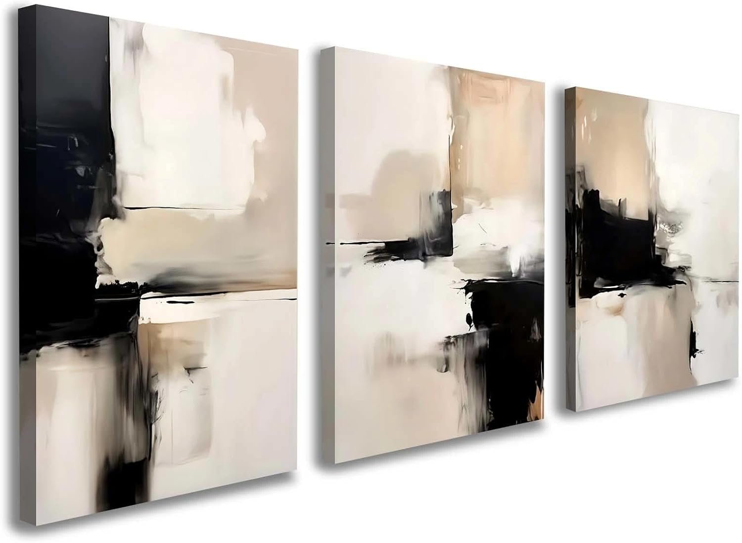 3 Piece Wall Art Framed Modern Abstract Neutral Canvas Wall Art Black White Beige Minimalist Painting for Living Room Bedroom Office Wall Decor Pictures Wall Decor with Hooks and Nails 12×16 Inch