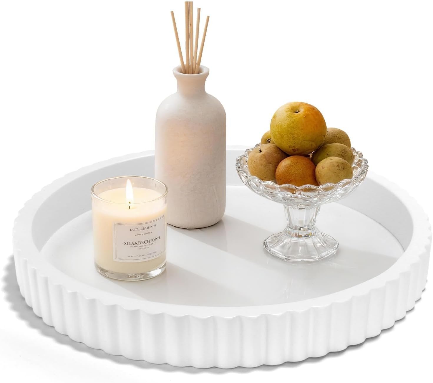 Decorative Tray for Coffee Table, 12” Resin Modern Decorative Tray for Home Decor, Elegant Table Centerpiece White Round Fluted Serving Vanity Tray for Bathroom Kitchen Living Room Decor