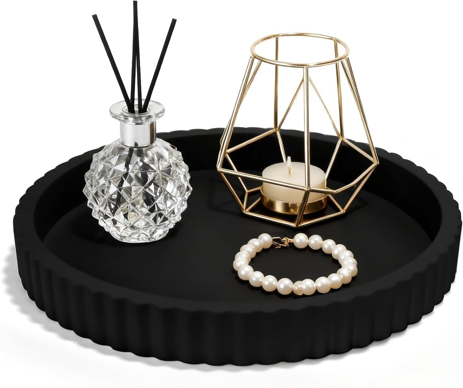 Decorative Tray for Coffee Table, 12” Resin Modern Decorative Tray for Home Decor, Elegant Table Centerpiece Black Round Fluted Serving Vanity Tray for Bathroom Kitchen Living Room Decor