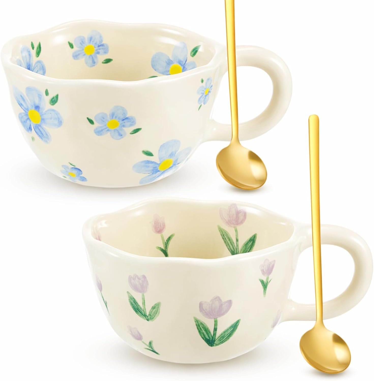 Vesici 2 Pcs Ceramic Coffee Mugs with Spoon, Vintage Floral Spring Mugs with Handle, 8.5 oz Aesthetic Flower Porcelain Tea Cup Set, Dishwasher & Microwave Safe Mothers Day Gifts for Mom(Vibrant)
