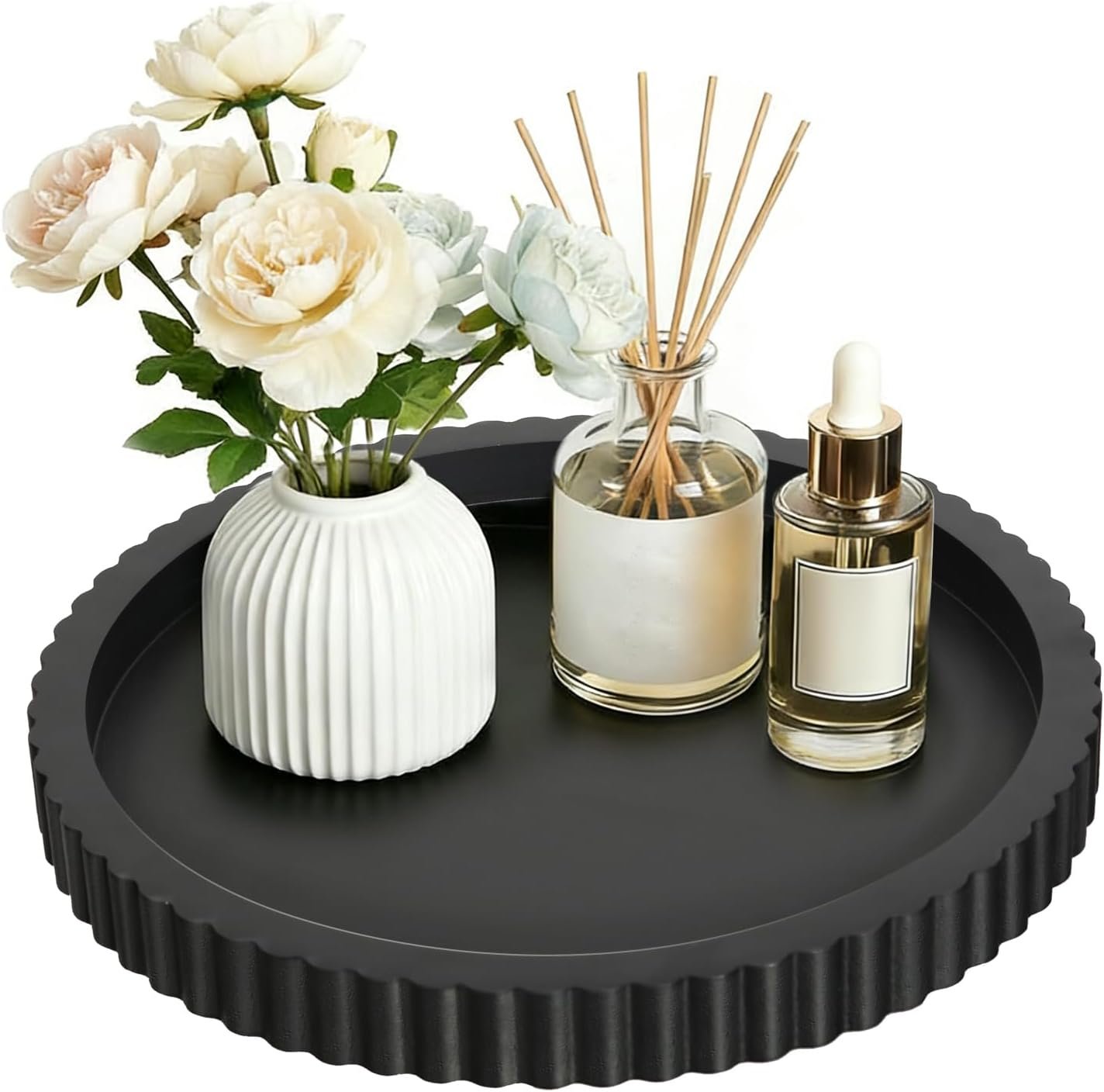 Handmade Round Wood Tray, 12in Black Coffee Table Centerpiece Tray for Home Decor, Wooden Perfume Tray Decorative for Living Room, Bedroom, Bathroom