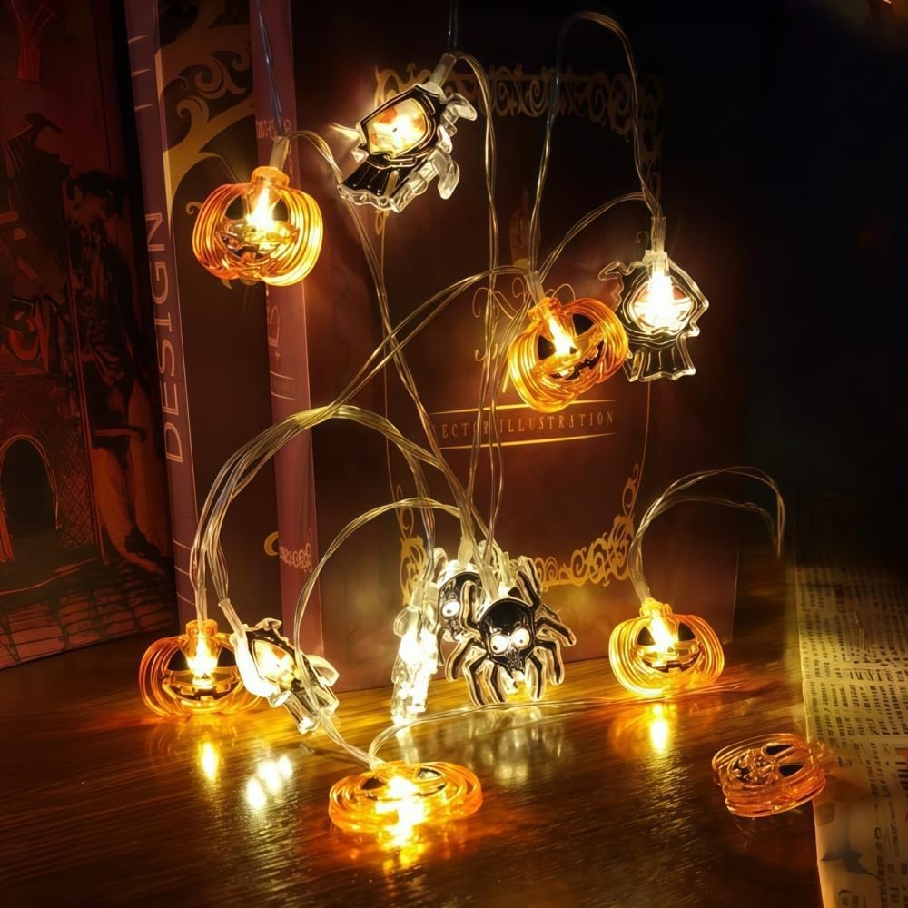 Halloween String Lights 9.8FT 20 LED Battery Powered Outdoor Decor, Pumpkin Mummy Skull Spider Designs, 2 Lighting Modes Halloween Lights Indoor for Yard Party Decoration(Style A)