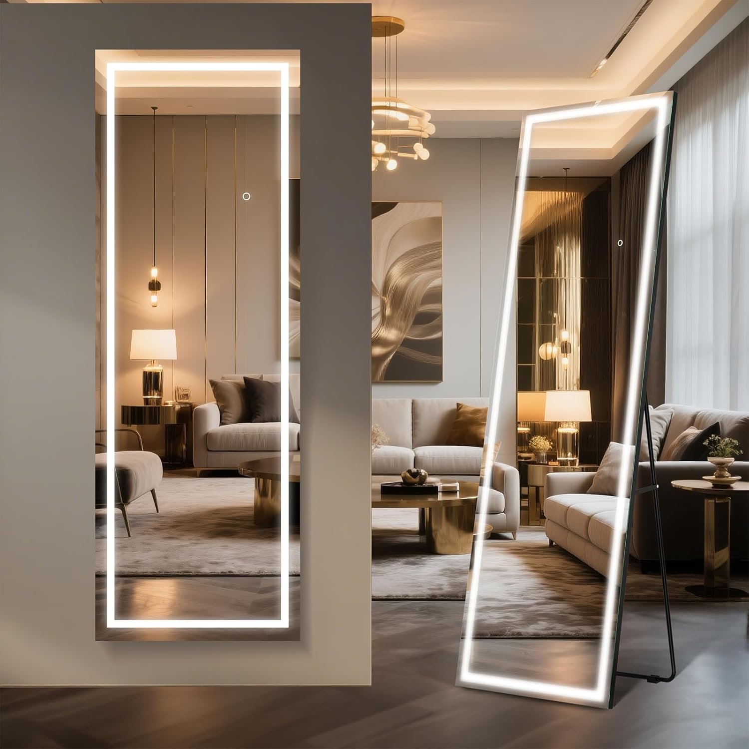 Kosmonia 65×22 Frameless Full Length Mirror, Dimmable 3 Color LED Light w/Memory Function, Distortion Free, HD Reflection & Anti Desilvering, Tempered Glass, Easy Setup w/Stand, Wall/Standing