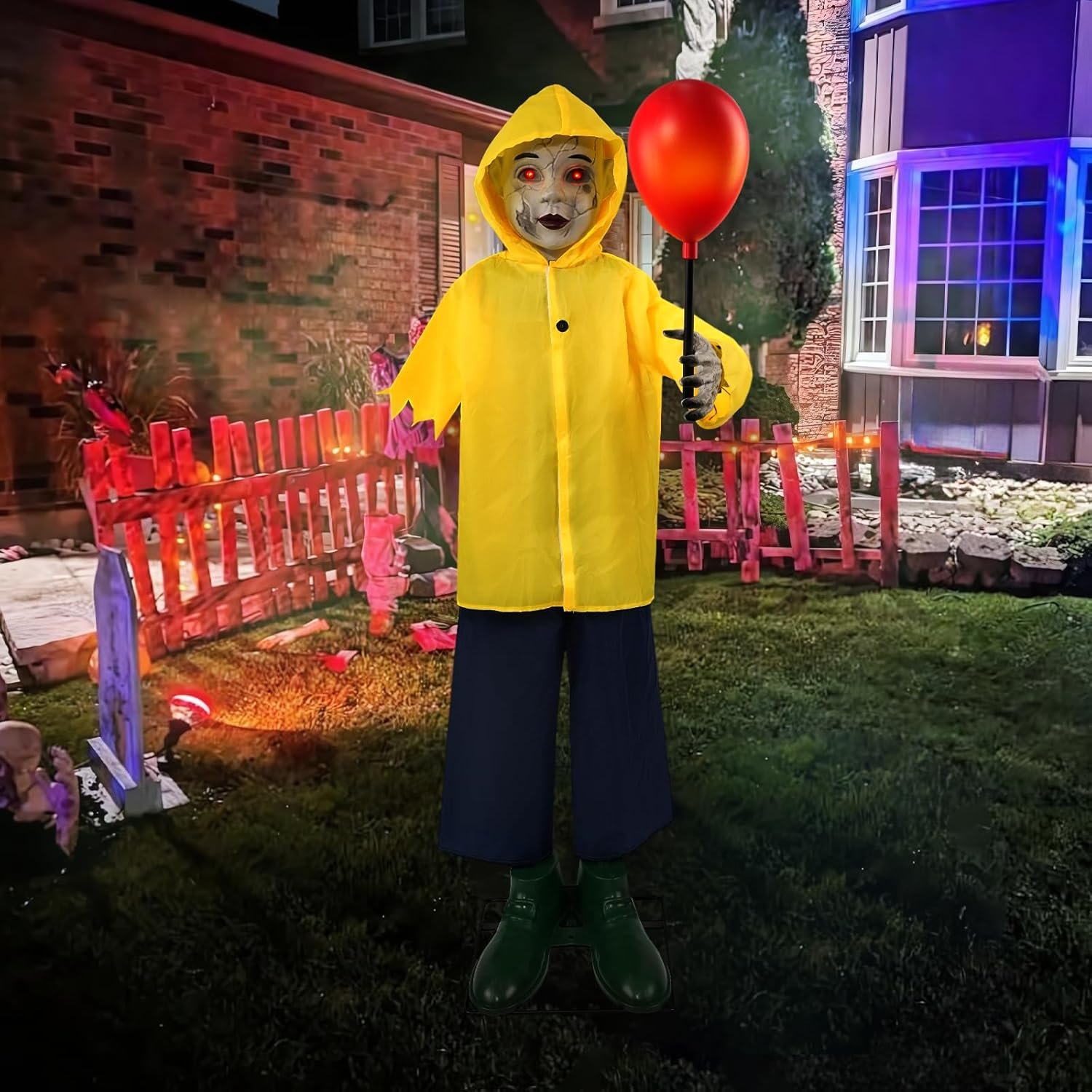Halloween Decorations Outdoor – 4 Ft Life Size Animated Animatronics Prop with Sound & Touch Activated Sensor and Light Up Balloon – Spooky Scary Decor for Home Indoor Garden Lawn Yard Grave Party
