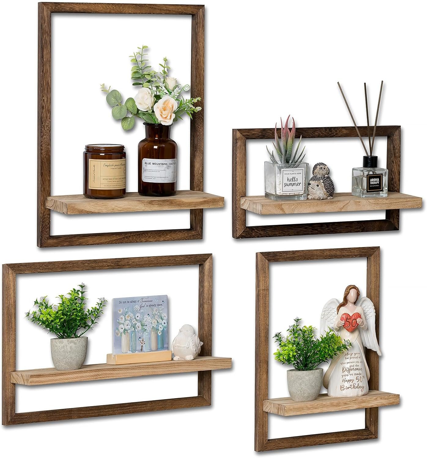 4-Piece Wood Wall Shelves for Bedroom Farmhouse – Rustic Floating Shelf Decorative Storage Shelving Wall Mounted Decor with Frame for Living Room