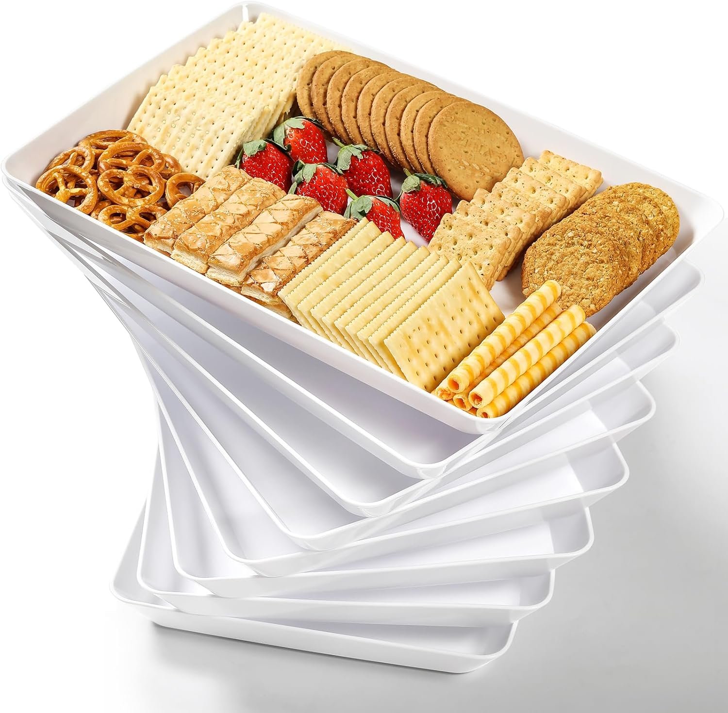 8 Pack, 16″ x 11″ Large White Serving Trays Set – Reusable Plastic Serving Platters for Cookie, Appetizer, Charcuterie, Snack, Dessert, Party Food Display – Stackable Kitchen CounterTop Tray, BPA Free