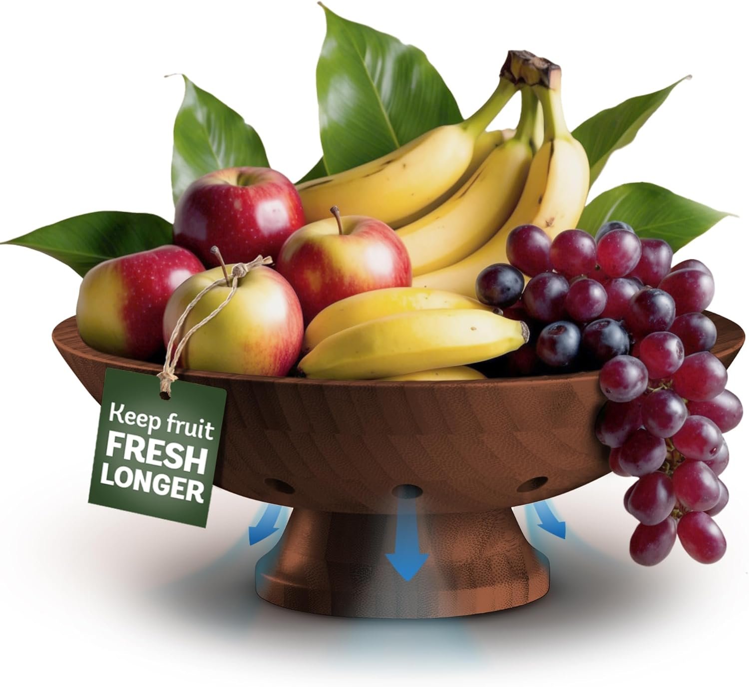 Fruit Bowl for Kitchen Counter – Brown Wooden Fruit Bowl, Latge Fruit Basket with Pedestal Base, Vented Bamboo Fruit Holder for Fruits, Vegetable Storage, Kitchen Countertop Organizer 11 x 4.5 Inches