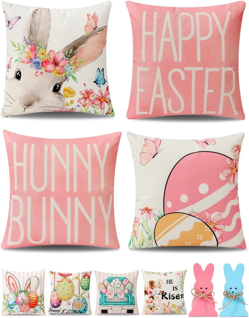 multiwins 8-Sided Easter Pillow Covers Set of 4 with 2 Wooden Bunny Decorations, 18 x 18 Inch Reversible Decor with Bunny, Floral Eggs & “He is Risen” Prints for Indoor/Outdoor, Spring Holiday Decor