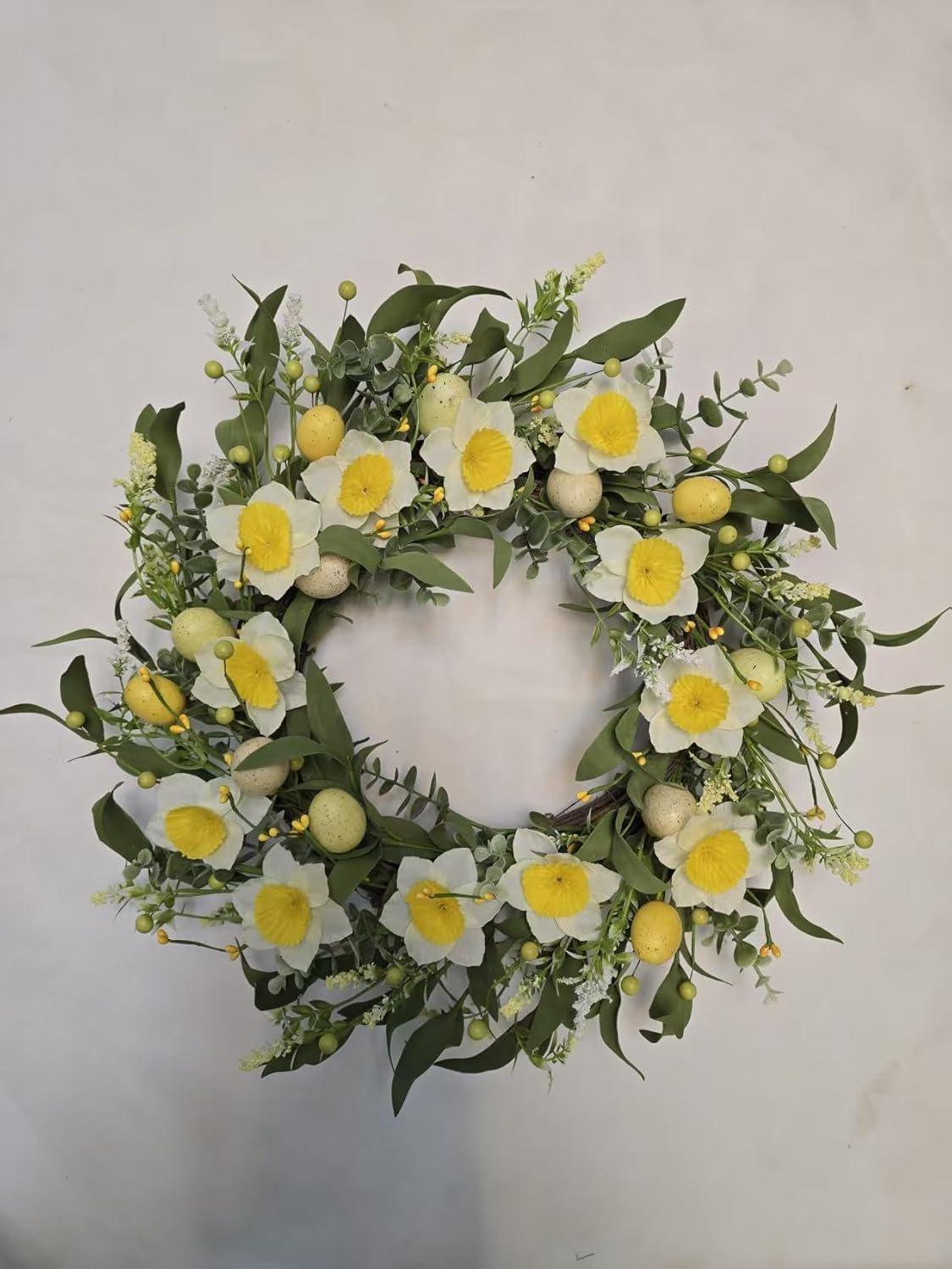 NeoL’artes 22inch Large Spring Wreath with Daffodil and Easter Eggs, 55cm Artificial Door Grapevine Wreath for Spring and Summer Indoor Outdoor Porch