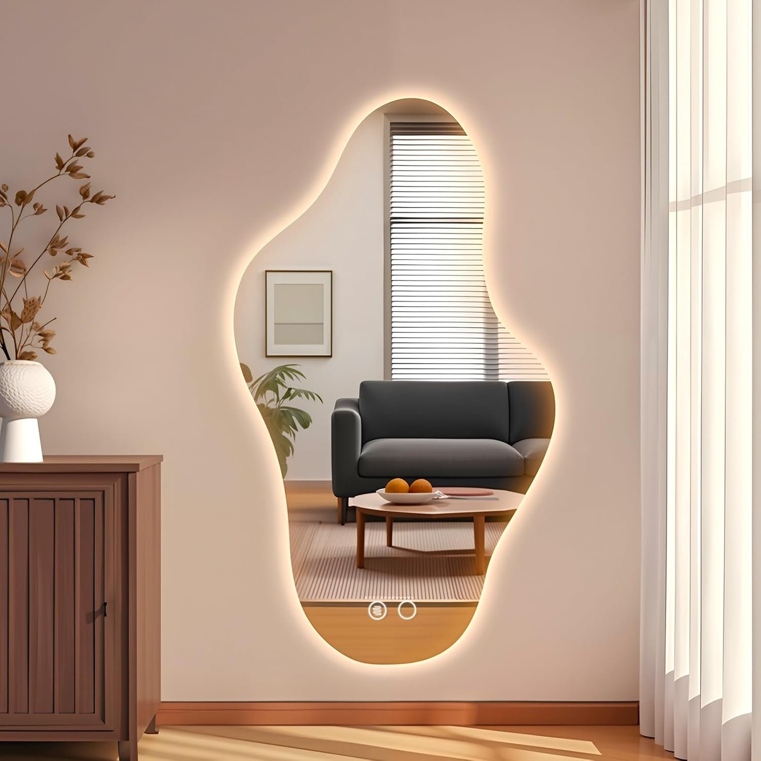 35.8″ Modern Irregular LED Bathroom Mirror with Lights, Asymmetrical Frameless Smart Lighted Wall Mirror for Living Room Entryway, Large Decorative Makeup Vanity Mirror with Touch Switch