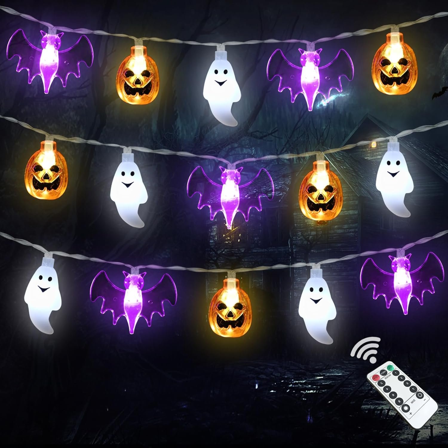 Zimati Halloween Lights Decor, 16 FT 30 LED 3D Pumpkin Bat Ghost Battery Operated String Lights with Timer – 8 Lighting Modes Fairy Lights for Home Door Porch Indoor Outdoor Party Decorations