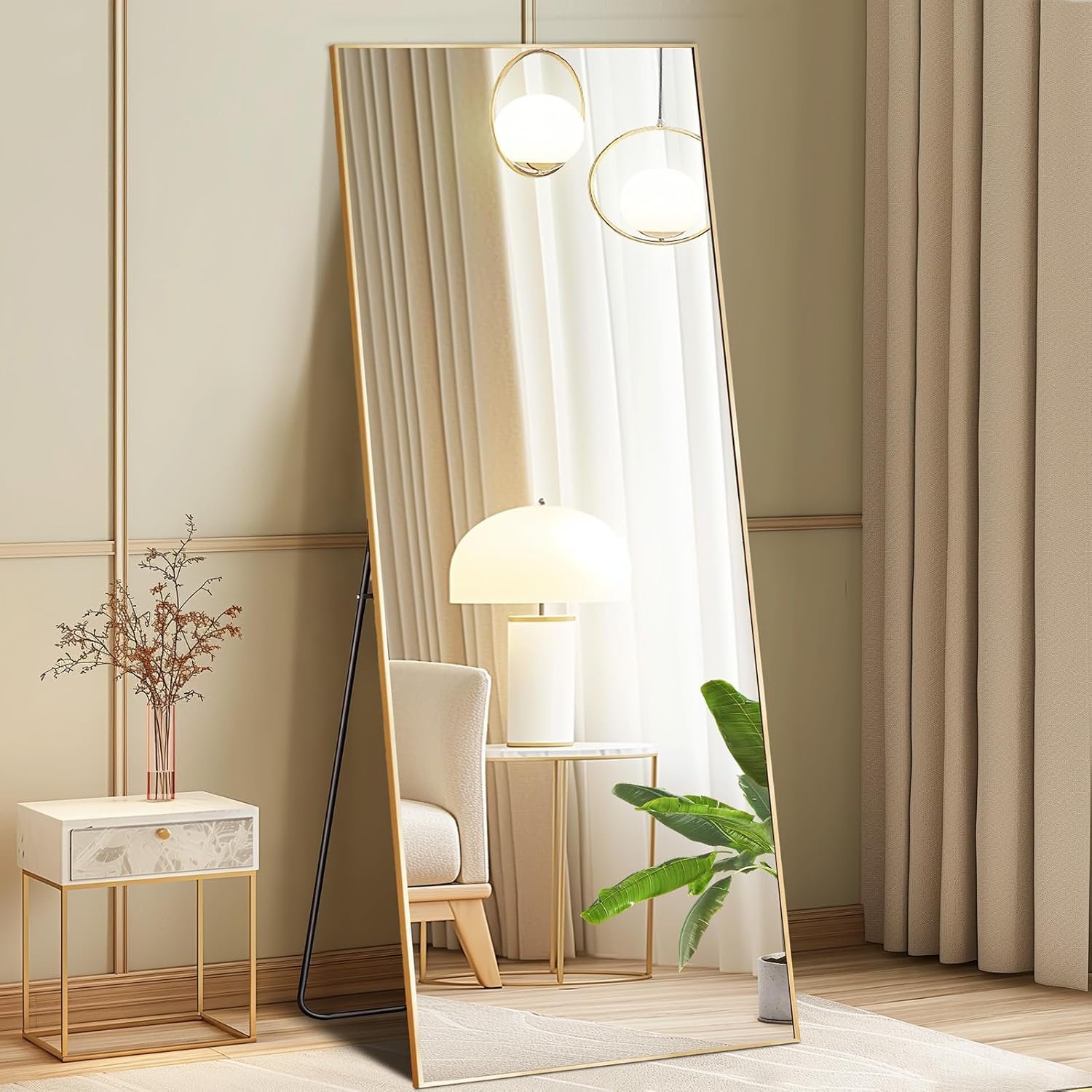 DUMOS Full Length Mirror with Stand, 56″x15″ Floor Mirror with Aluminum Alloy Frame for Bedroom, Standing Full Body Mirror with Shatter-proorf Nano Glass for wall, Living Room, Cloakroom, Gold