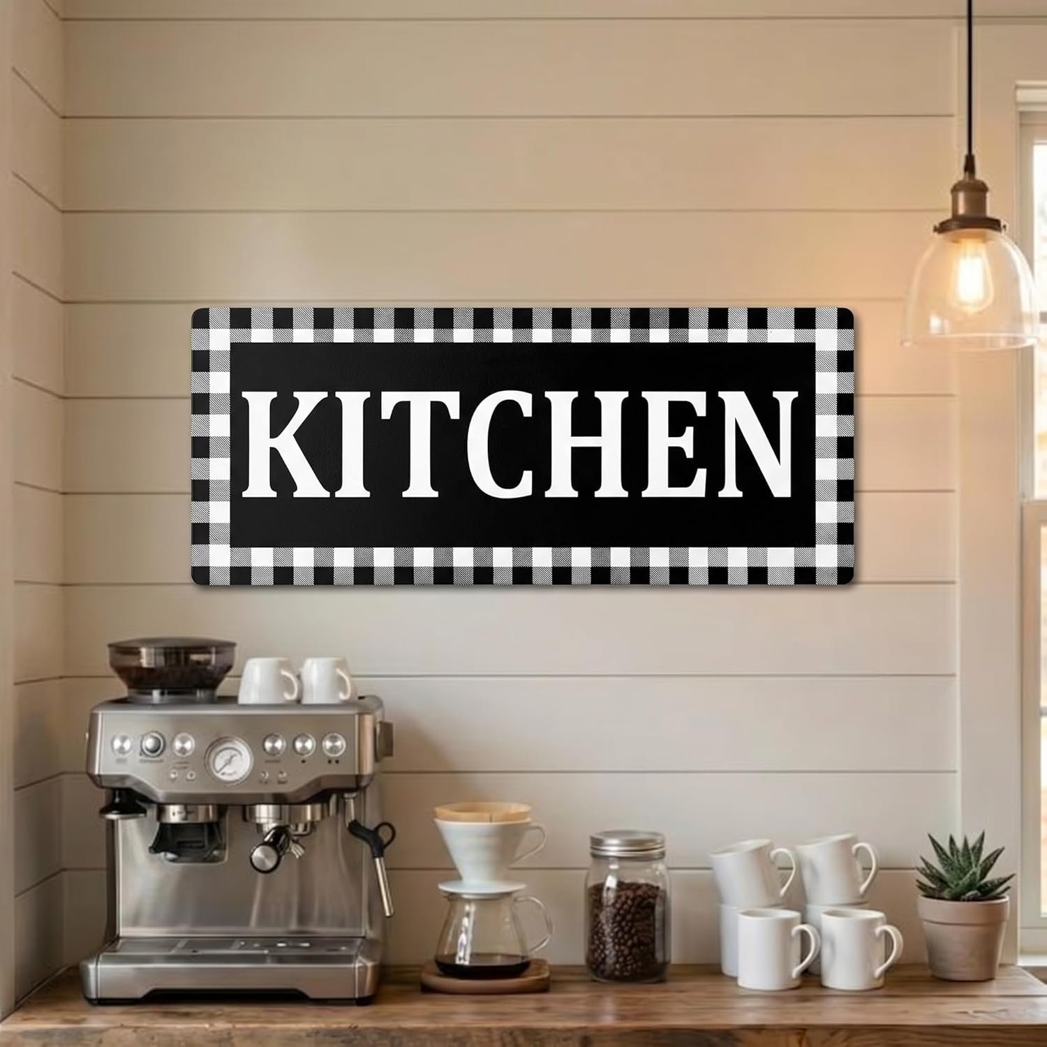 Jetec Kitchen Sign Buffalo Plaid Wooden Black and White Wall Decor 13.8″ x 5.1″ Rustic Checkered Wall Sign Vintage Farmhouse Kitchen Decor for Home Pantry Dining Room Restaurant Coffee Shop