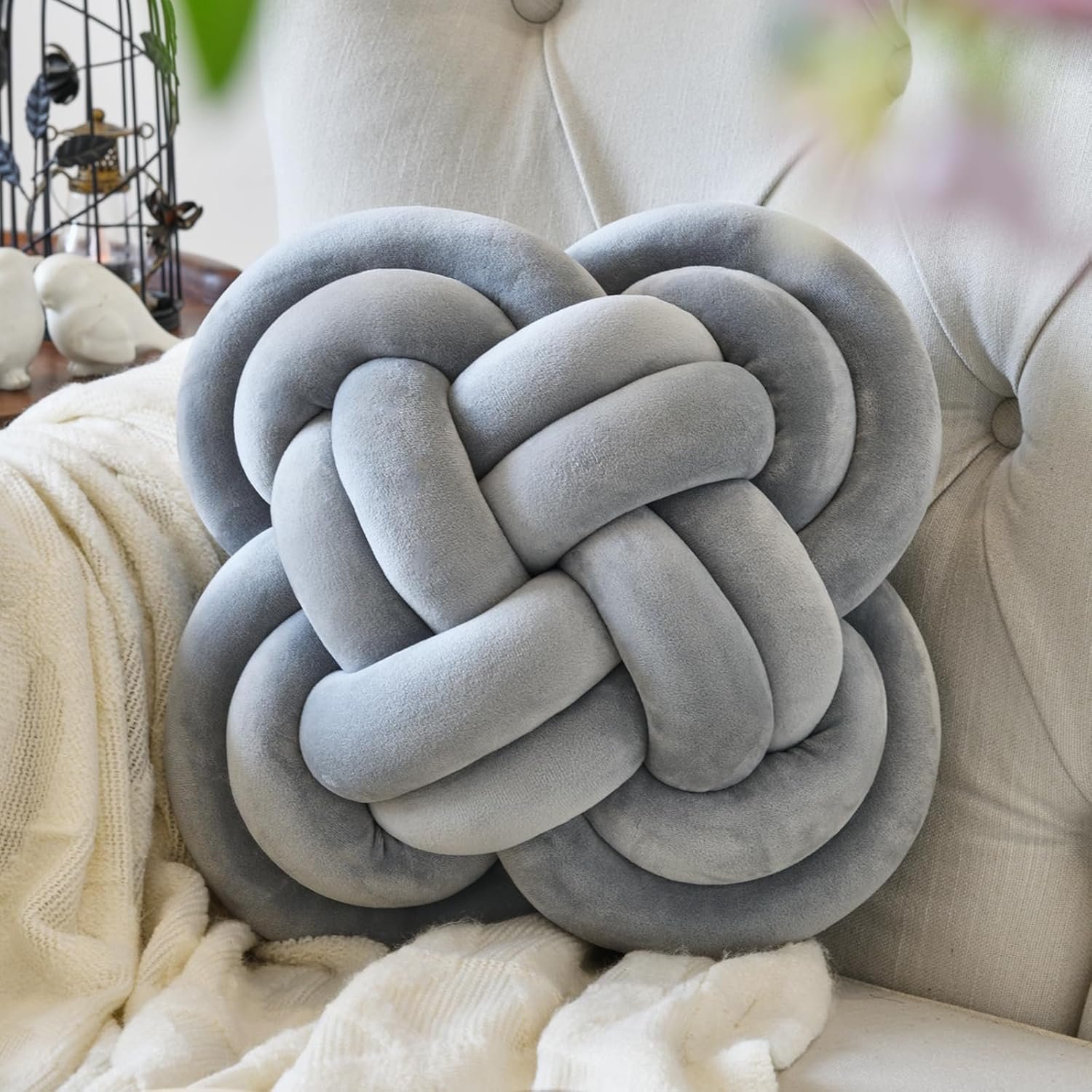 Xuyier Knot Pillow Ball, Decorative Throw Pillows with Velvet Fabric for Couch Bed, 12″ Decor Knotted Square Floor Pillow Cushions for Living Room (12 Inches, Light Grey)