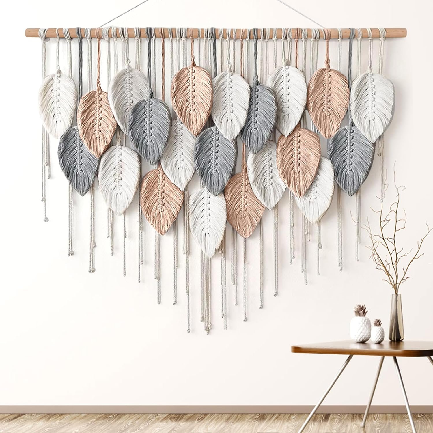 Alynsehom Large Macrame Wall Hanging, Boho Woven Tapestry, Chic Modern Bohemian Handmade Leaf Feather Wall Art Home Decor for Apartment Dorm Living Room Bedroom Nursery Backdrop (39″ W X 29.5″ L)