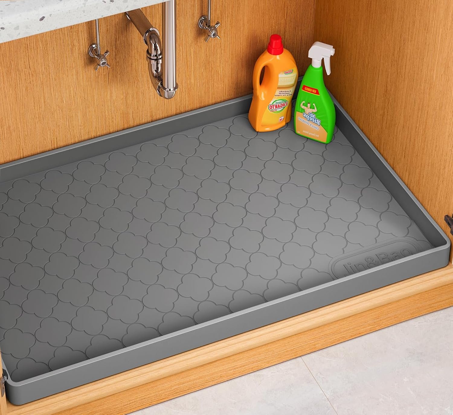 Jin&Bao Waterproof Under Sink Mat 34″ x 22″, Thick Silicone Mat Cabinet Protector for Kitchen and Bathroom, Shelf Liner, Home Organizer and Storage, Multipurpose Tray for Gadgets and Essentials