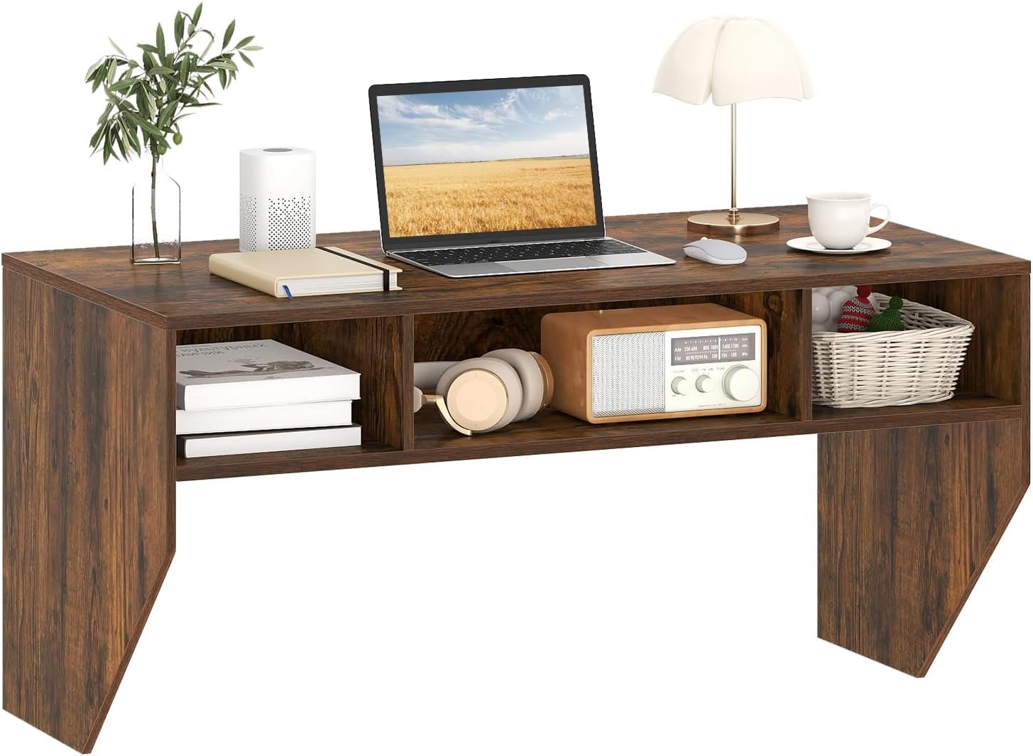 Giantex Wall-Mounted Computer Desk, Floating Laptop Desk with 3 Storage Compartments, Space-Saving Home Office Workstation Vanity Table for Bedroom, Study, Living Room (Rustic Brown)