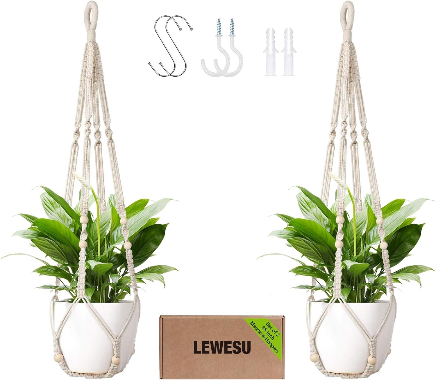 LEWESU Macrame Plant Hanger Indoor Set of 2 with 4 Hooks, Indoor Outdoor Hanging Planter for Plants Holder with Decorative Wood Beads & No Tassels, Boho Home Decor, 35 Inch Ivory (Pots Not Included)