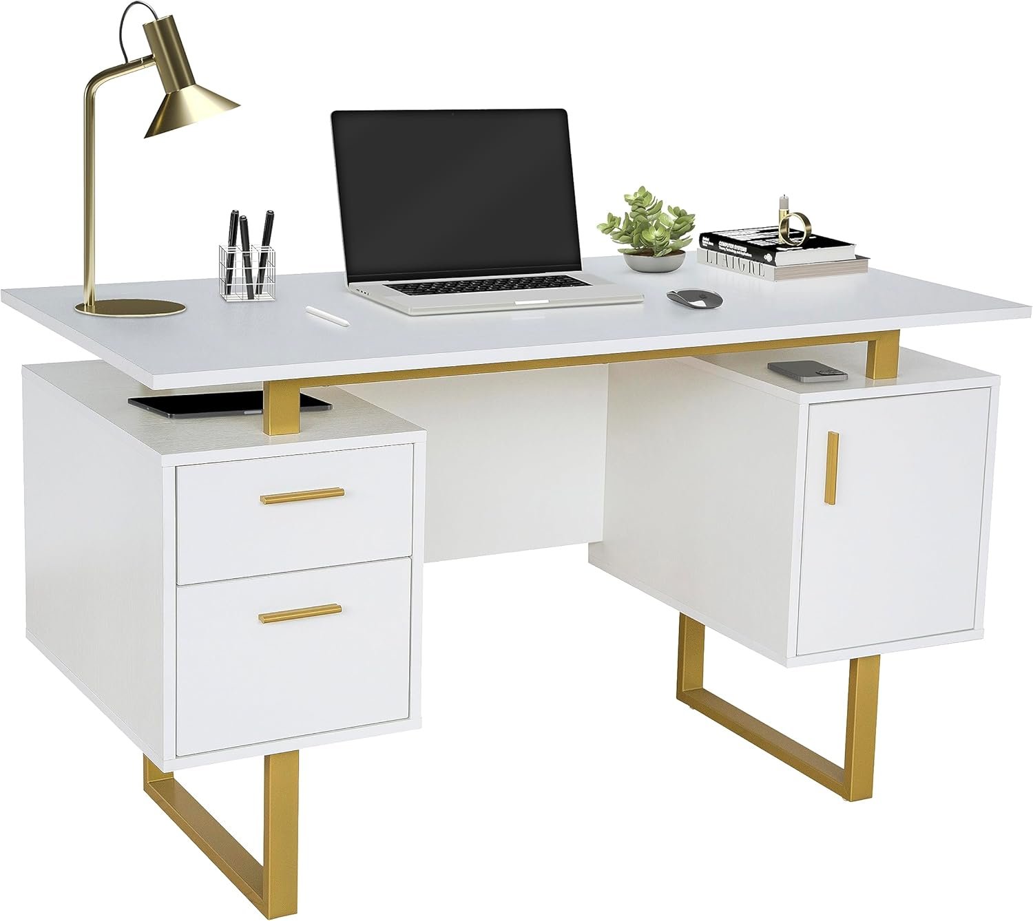 Techni Mobili Storage Drawers and Cabinet 51.25” W-Modern Office Large Floating Desktop Surface Desk, 23.6″ D x 51.2″ W x 29.8″ H, White/Gold