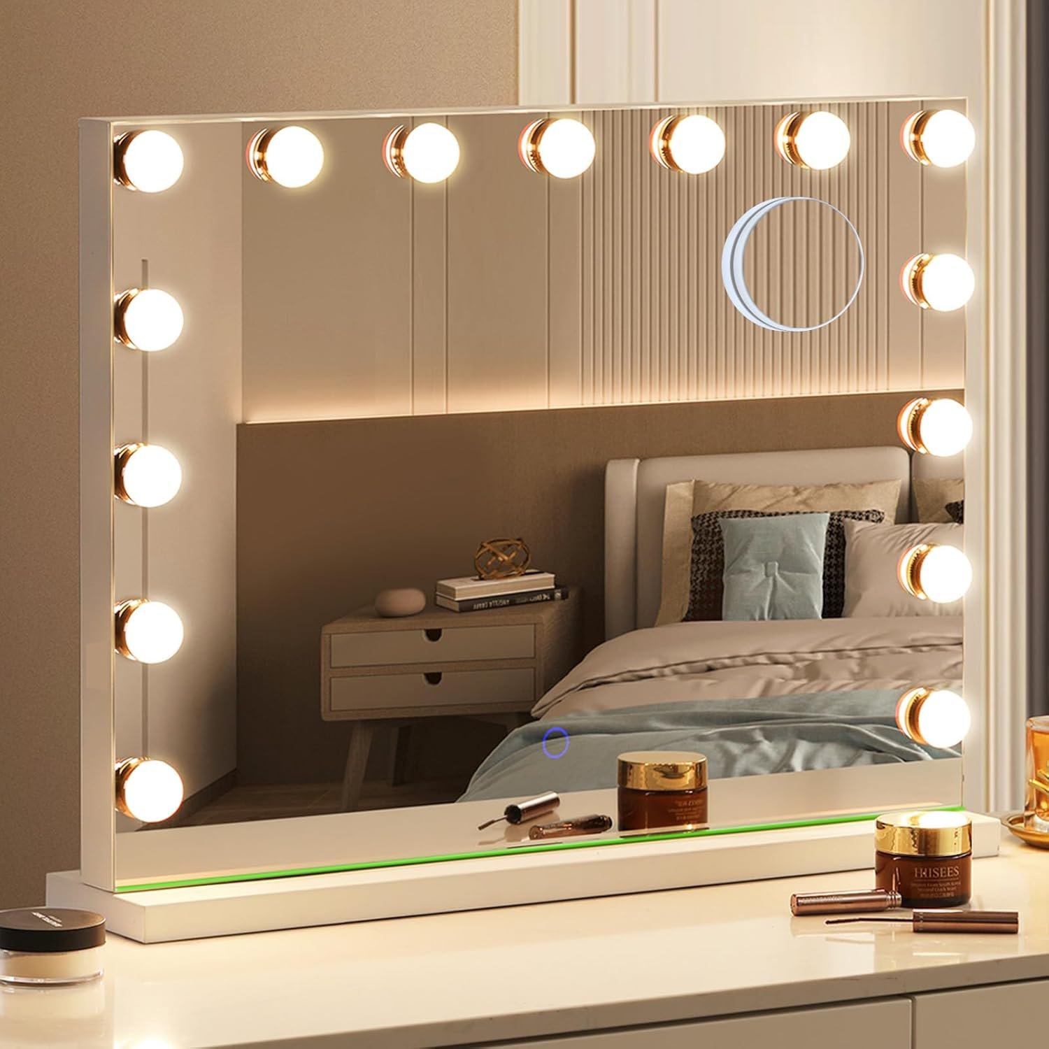 Hollywood Vanity Mirror with Lights, 23″x18″ Lighted Makeup Mirror with 10x Magnification for Desk/Wall Mount, 15 Led Bulbs, 3 Lighting Modes for College Dorm, Bedroom, Dressing Room