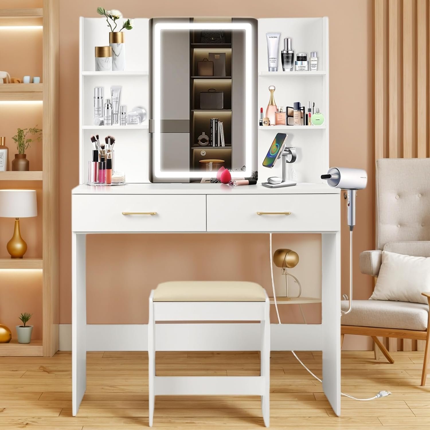 QUALIKRAFT Lighted Makeup Vanity Desk with Power Outlet & Stool, White Dressing Table with LED Mirror, with Drawers, 6 Shelves for Bedroom Organization, Gift for Women