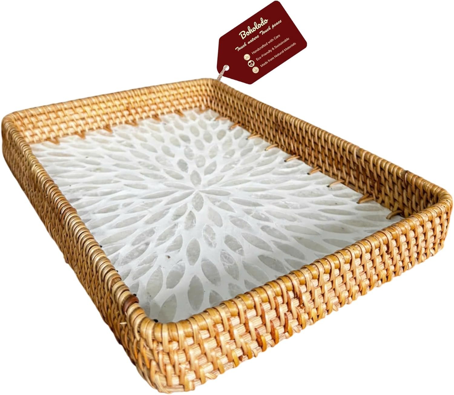 Rattan Rectangle Tray with Mother of Pearl Inlay – Unique Decorative Rattan Serving Tray for Coffee Table, Bathroom Vanity, Perfume & Nightstand – Ideals for Housewarming (White 11.8″)
