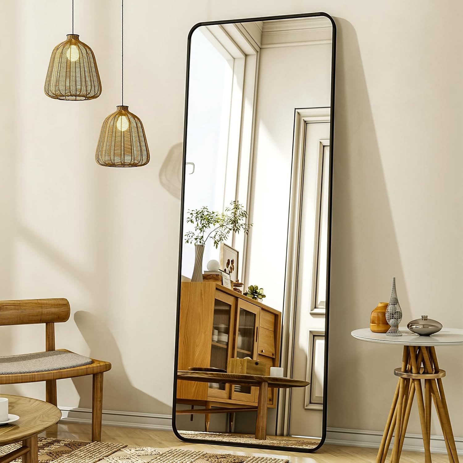 XRAMFY 56″x21″ Floor Full Length Mirror Standing Full Body Rounded Corner Rectangle Mirrors with Stand Hanging Wall Mounted Leaning Bedroom Living Room Bedroom Cloakroom,Black