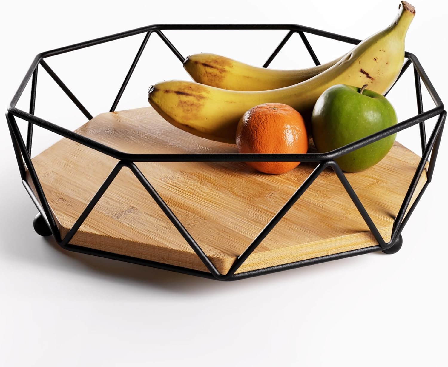 Fruit Bowl for Kitchen Counter – 12″W Metal & Wood Modern Fruit Bowl for Table – Large Produce Basket for Kitchen Counter – Stylish Wood & Black Decorative Bowl – Dining Table Centerpiece Decor Bowl