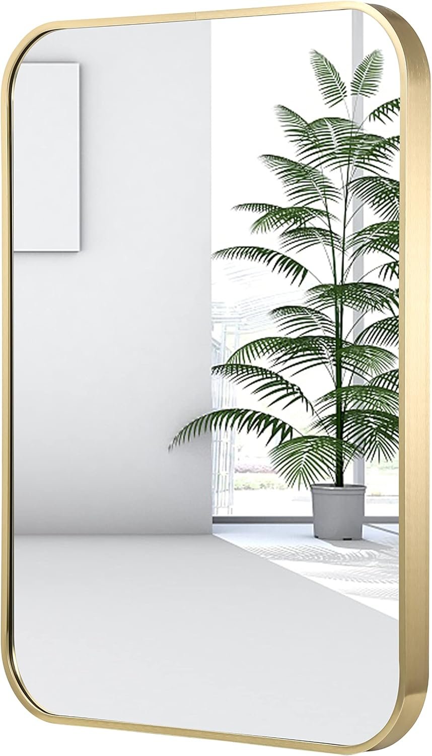 24×36 Inch Gold Bathroom Mirror, Brushed Gold Metal Framed Rectangular Mirror with Rounded Corner, Wall Mounted Vanity Mirror for Bedroom or Living Room, Horizontal/Vertical