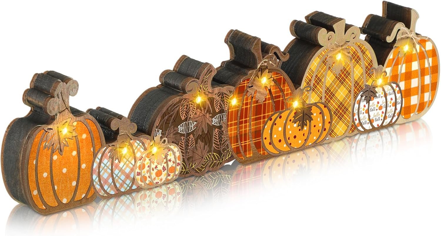 Yousoontic Fall Pumpkin Decor Table Centerpieces Halloween Wooden Pumpkin Sign Decorations with LED Lights 3D Block Autumn Harvest Farmhouse Fall Thanksgiving Decor for Home Mantel Desk Office Party