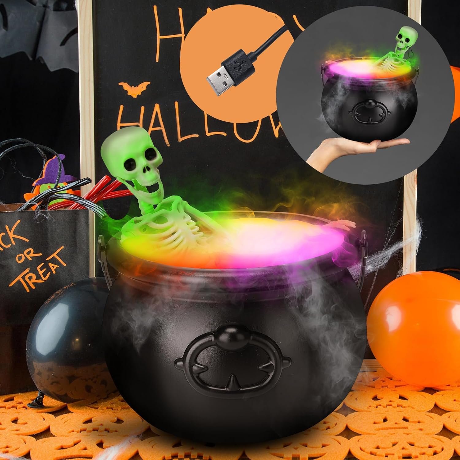 Halloween Decorations Indoor – Witch Cauldron with LED Fog Maker & Poseable Skeleton – Spooky Hocus Pocus Party Decor for Home, Table, Mantel, Kitchen – Vintage Magic Brew Cauldron Set