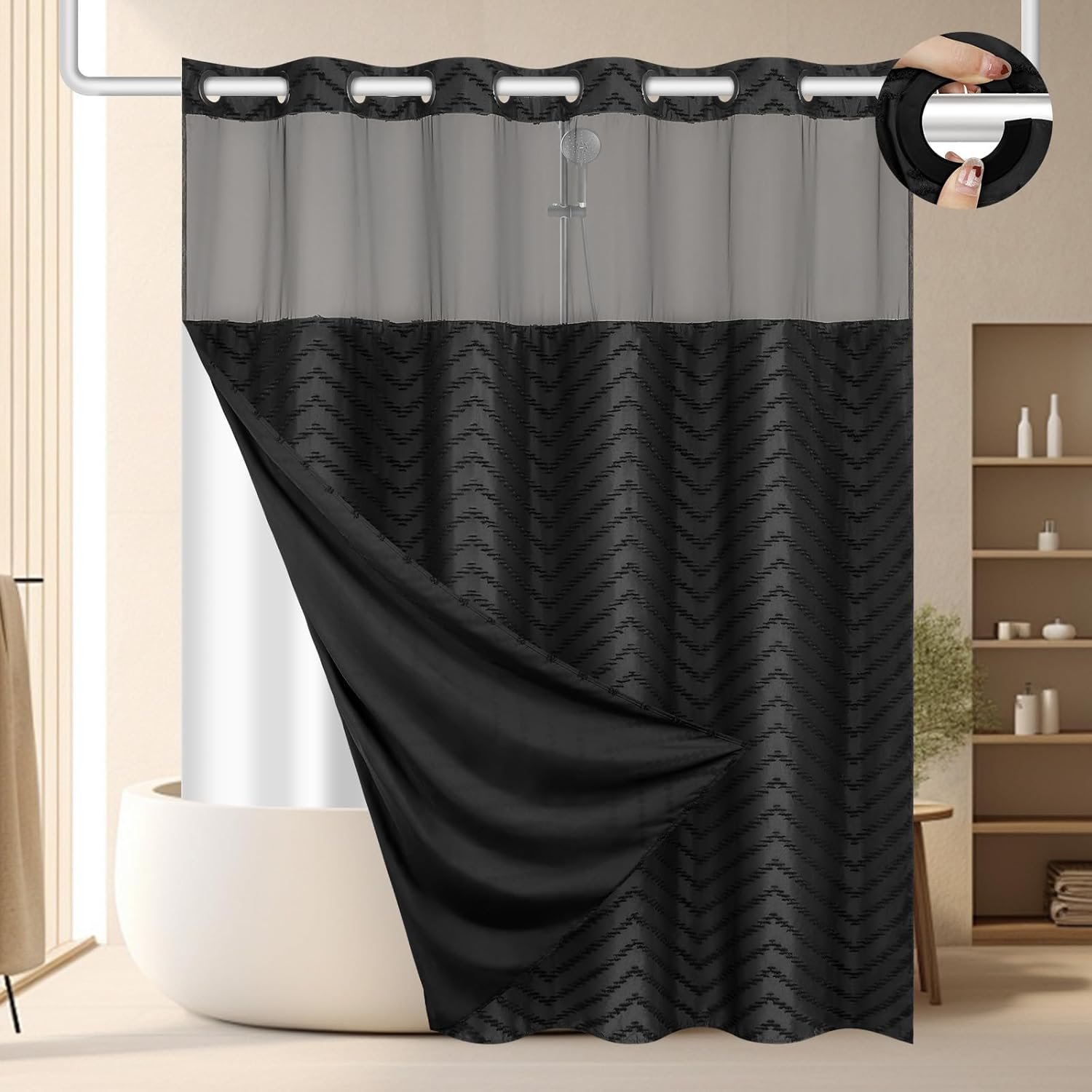 FADOTY No Hook Shower Curtain and Liner Set, Black Snap in Shower Curtain Ringless Chevron Tufted Cloth Waterproof Washable Fabric Bath Curtain with See Through Top Window for Bathroom Hotel 71″ x 74″