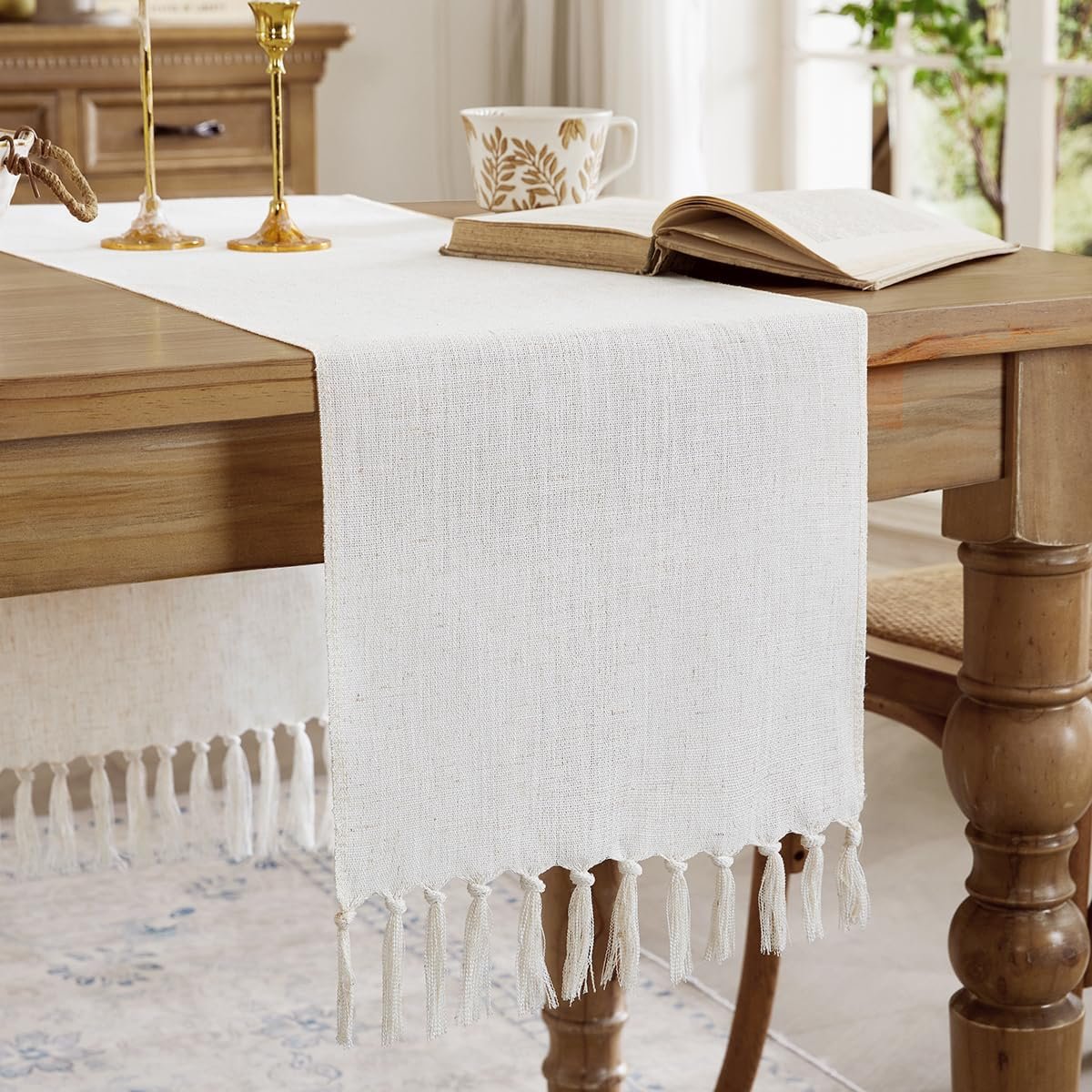 Linen Style Rustic Table Runner, Farmhouse Cotton Linen Table Runner, Boho Table Runners 72 Inches Long with Hand Tassels for Home Tabletop Decor and Everyday Use – Off White, 72 Inch