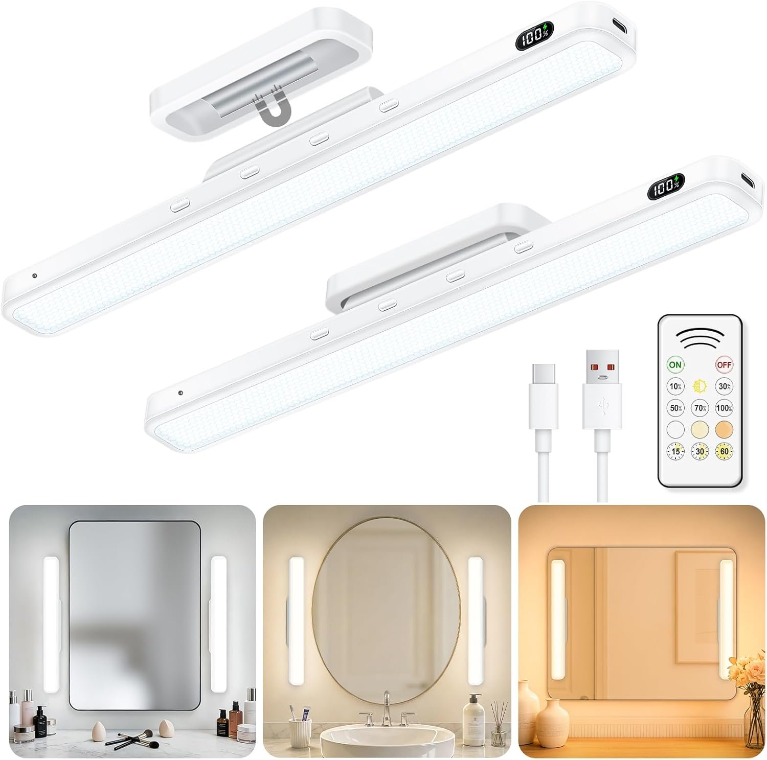 WILLED 3W Rechargeable Vanity Lights for Mirror with Remote Control，Eye-Friendly Mirror Lights Stick on,Adjustable Color Temperatures Makeup Light with Battery Display for Bedroom, Bathroom(2 Pack)