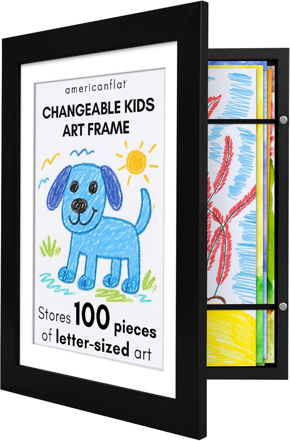 Americanflat Kids Artwork Frame Changeable (Black) – Magnetic Door Holds 100 Art Pieces – 8.5×11 Letter Size Display with Mat or 10×12.5 Without Mat – My Mini Masterpiece