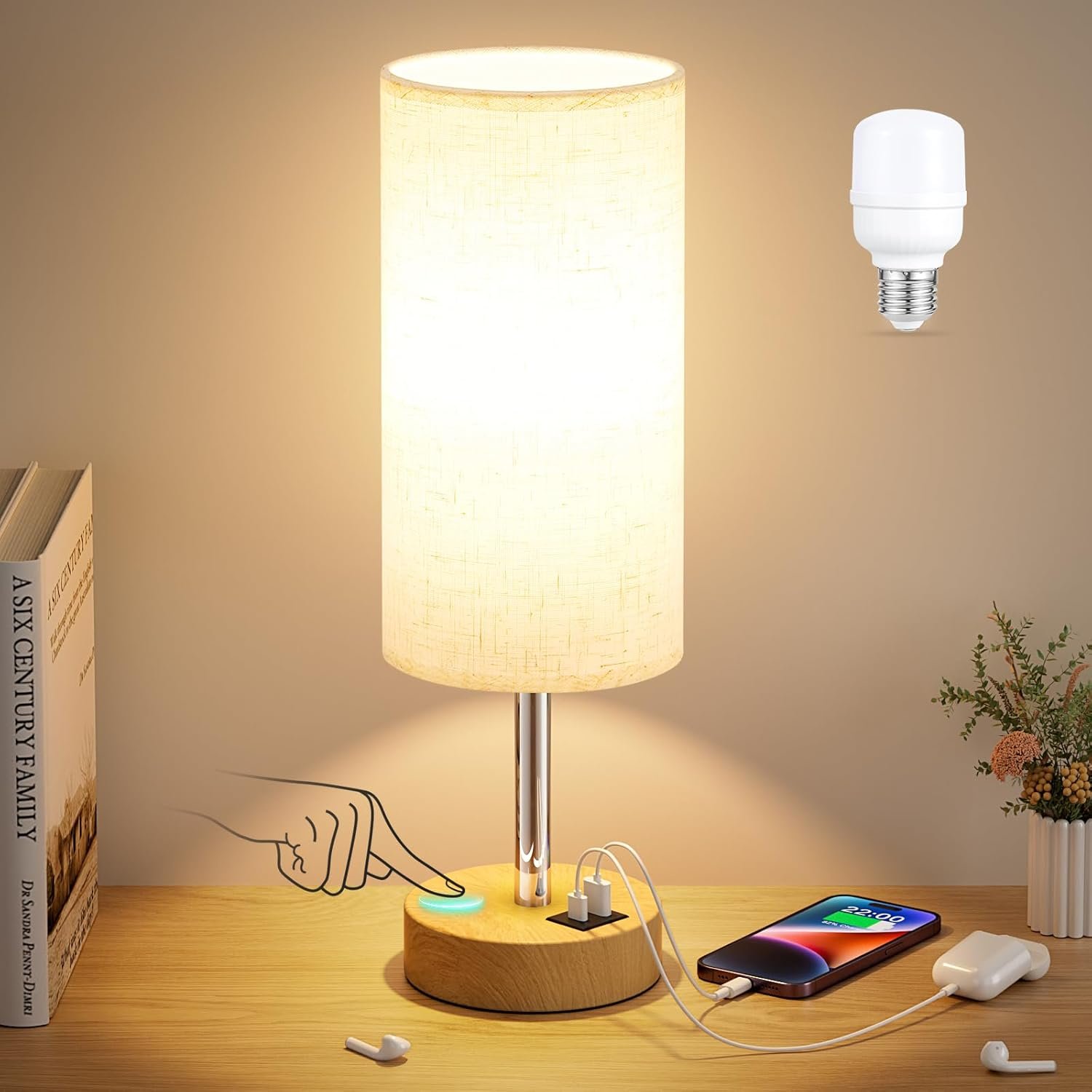 Dicoool Touch Bedside Table Lamp with USB – 3 Way Dimmable Wood Lamp for Bedroom Nightstand, Desk Lamp with Charging Station for Dorm, Living Room, Office, Kids Room, Small, 14in