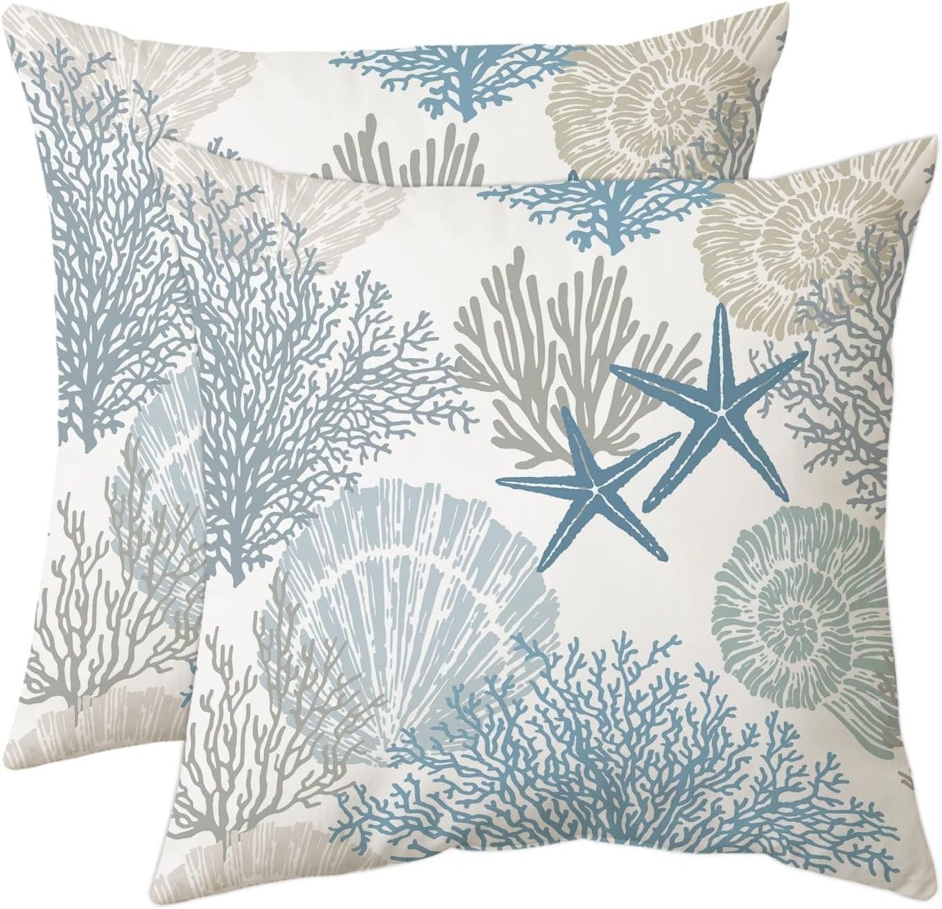 Tritard Nautical Coastal Throw Pillow Covers 18×18 Set of 2 Beach Themed Ocean Seashell Coral Starfish Velvet Couch Decorative Pillow Cases Outdoor Sofa Cushion Cover for Bedroom Living Room, Blue