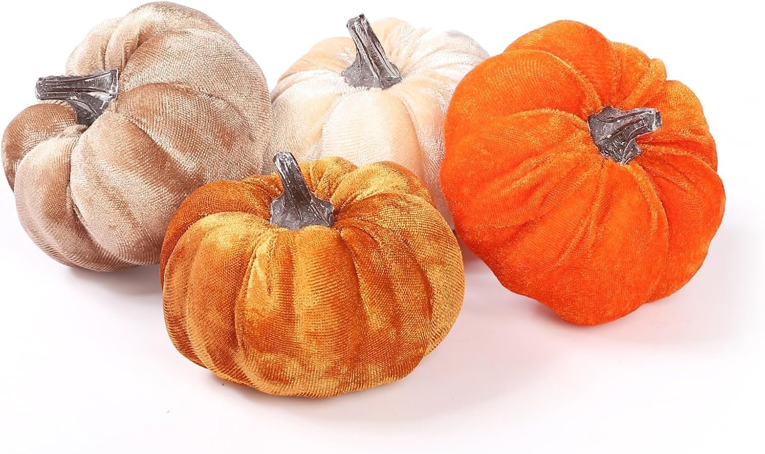 Coferset 4pcs Velvet Pumpkins Decor Set, Artificial Fall Pumpkin Decor for Halloween Thanksgiving Harvest Table Centerpieces(Orange Gold Coffee Beige)