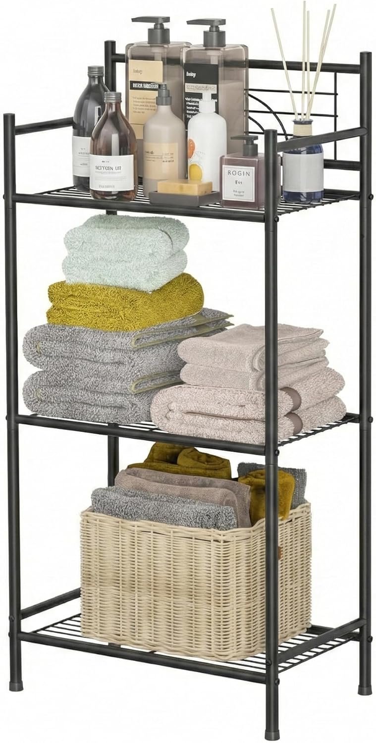 3-Tier Freestanding Bathroom Storage Shelf, Multipurpose Metal Tower Shelving Unit, Storage Shelves Organizer for Small Space,Plants Flowers, Kitchen, Office – Black