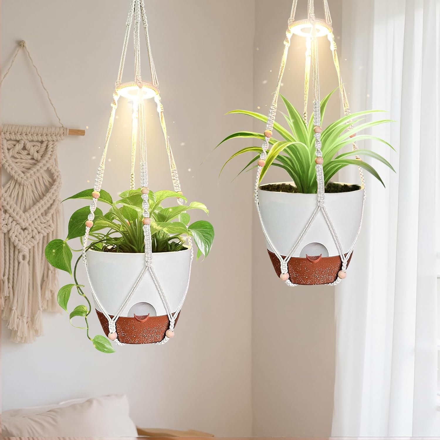 2 Pack Hanging Planters with Grow Light for Indoor Plants, 10” Self Watering Pots for Apartments & Low-Light Rooms, Macrame Hangers, Timer, Drainage Holes & Removable Tray
