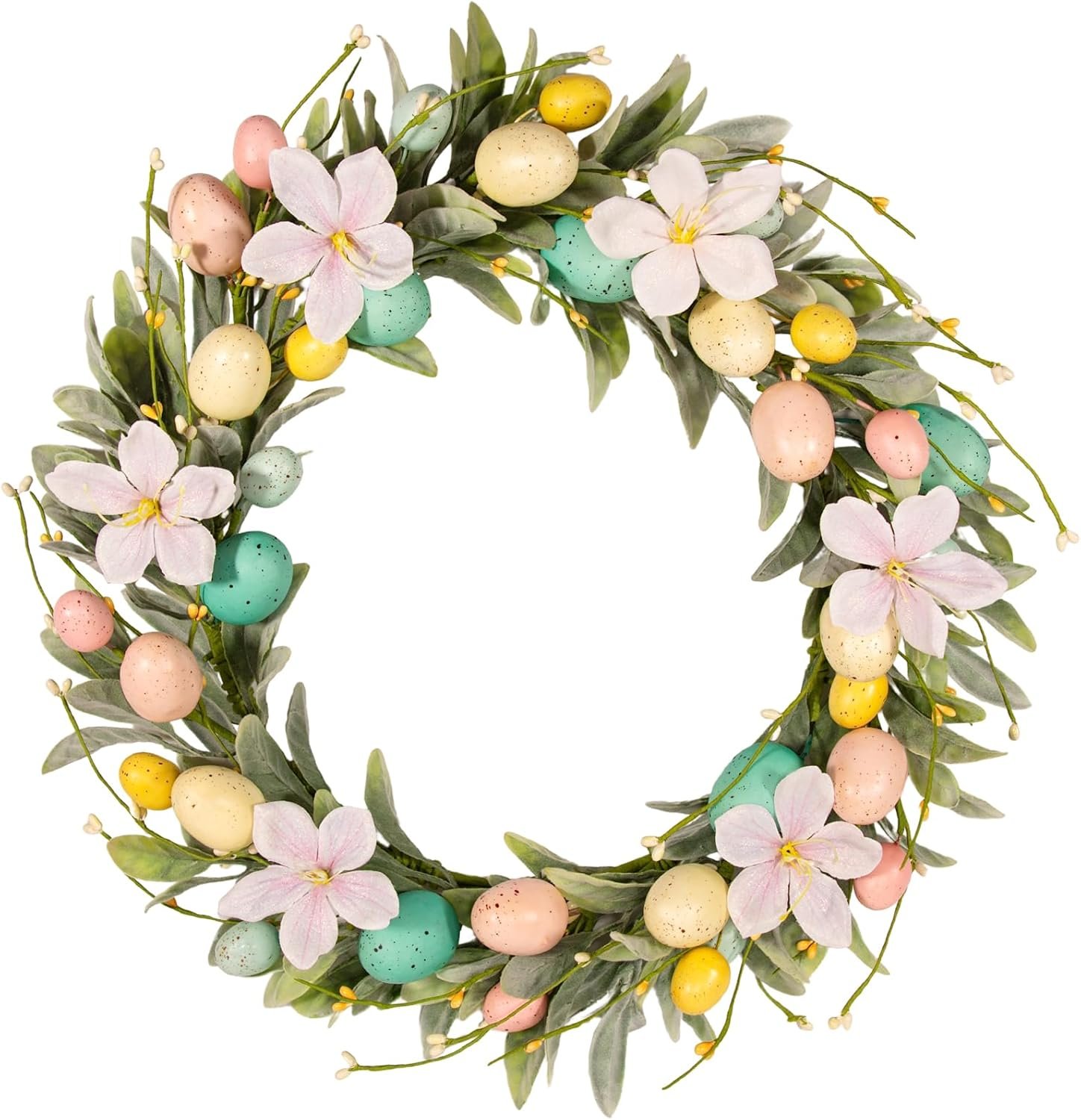 wwmira18 Inch Easter Wreaths for Front Door, Pastel Egg Wreath with Magnolia and Lamb’s Ear Leaves, Small Floral Wall Wreath for Indoor Decor Spring Easter Table Centerpiece Decorations