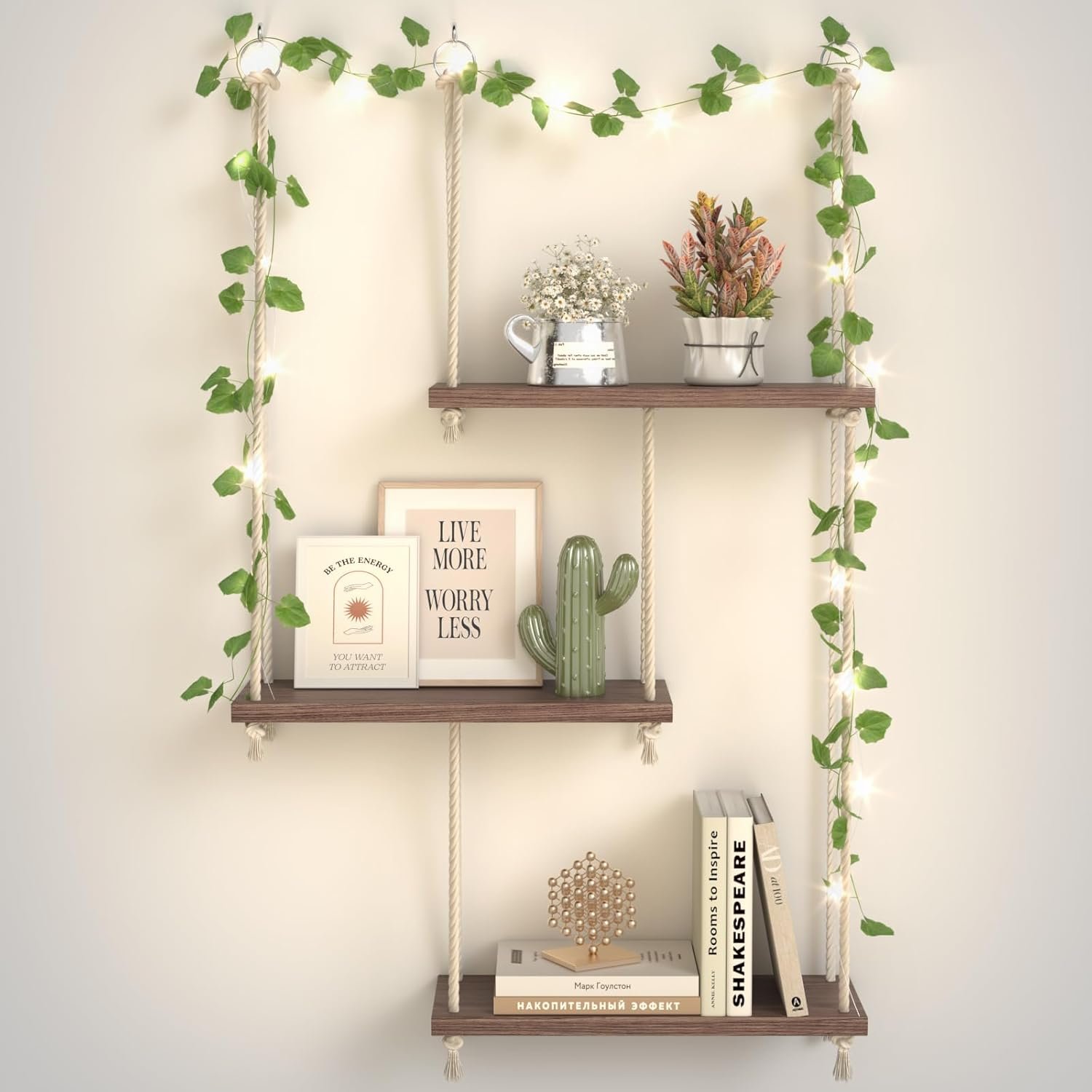 REFGY Hanging Shelves for Wall with Vine Lights, 3 Tier Rope Wall Hanging Plant Shelf, Boho Wall Decor Aesthetic for Succulents, Bedroom, Living Room, Bathroom (Rustic Brown)