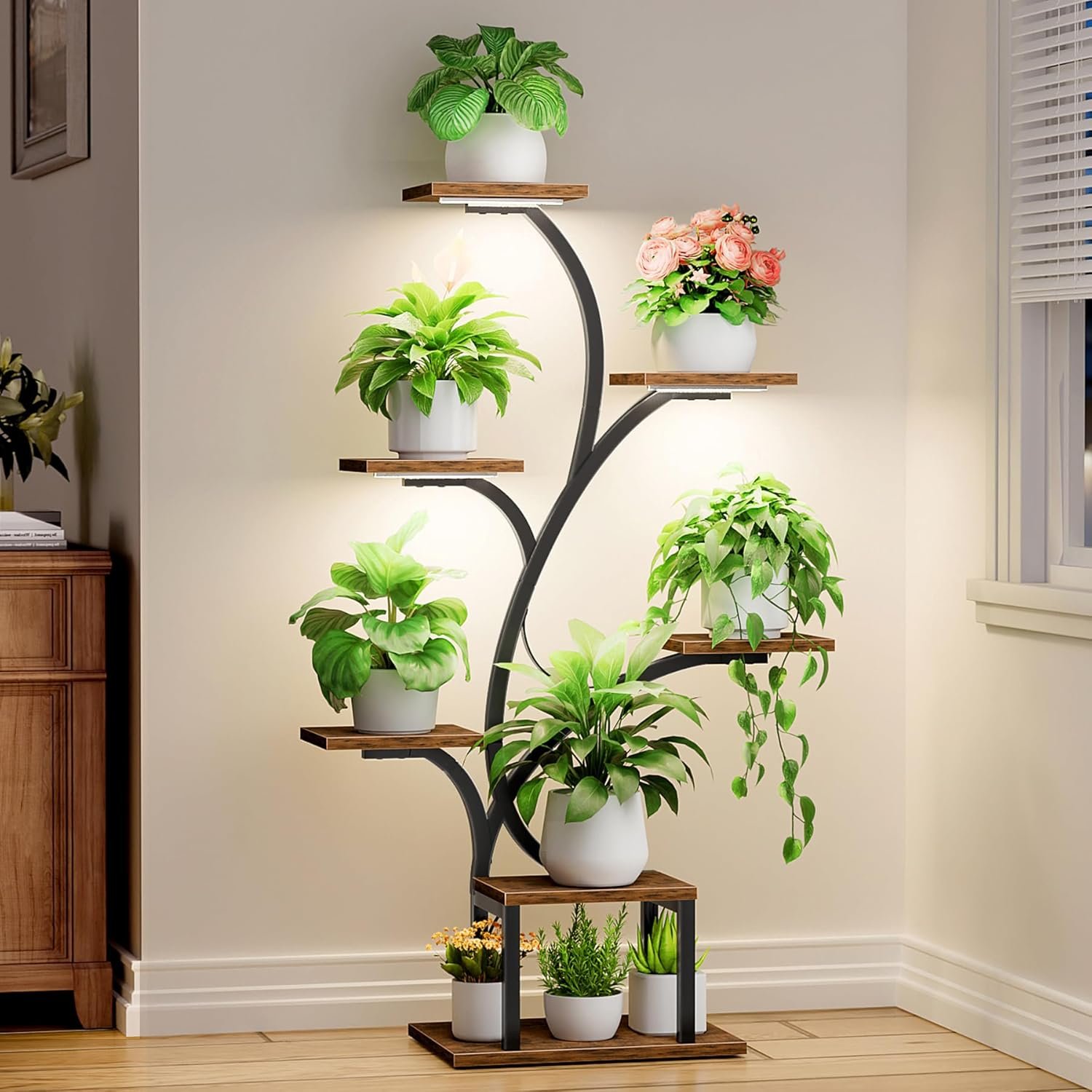 BACEKOLL Plant Stand Indoor with Grow Lights, 7 Tiered Indoor Plant Shelf, 49″ Corner Plant Stands for Indoor Plants, Metal Plant Flower Display Shelf, Tree-Shaped Plant Rack for Home, Patio, Brown